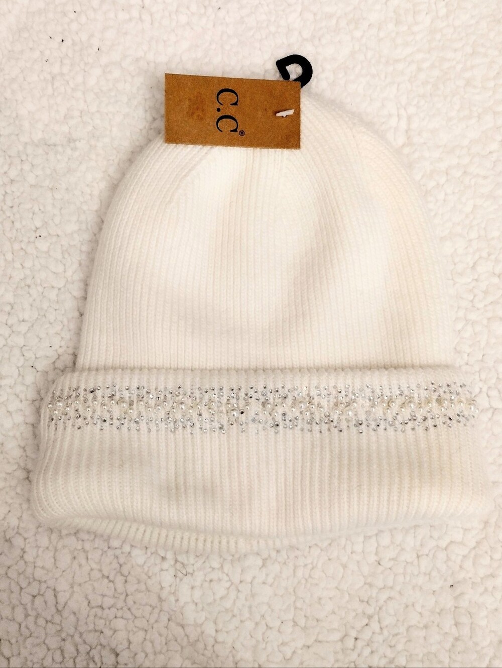 C.C Women's OS Ivory Beanie with Rhinestone Trimwomr
